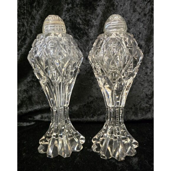 Vintage Clear Cut Crystal Salt Pepper Shakers Diamond Pattern Faceted Bases - Picture 1 of 6